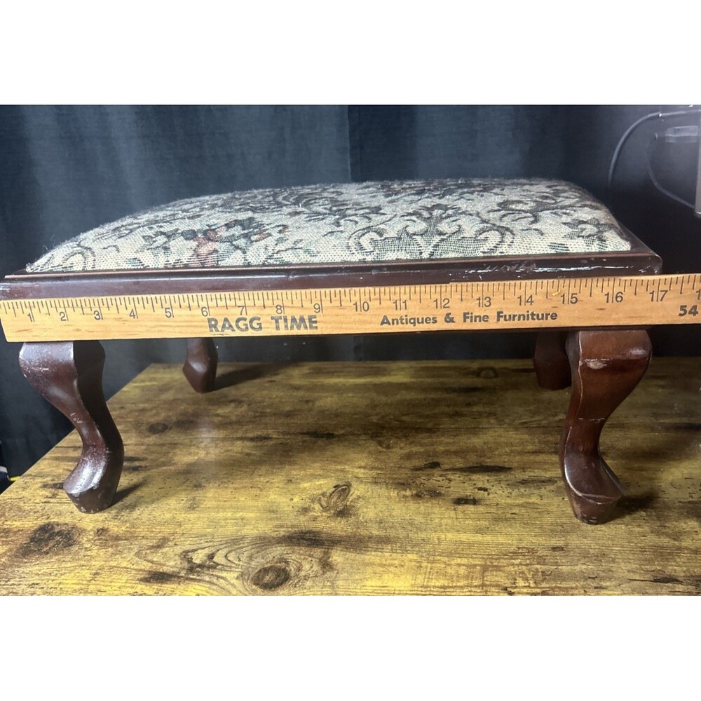 Upholstered Stool Tapestry Floral Wood Trim Vintage Taiwan Poly Pad READ 17x12x9 - Picture 7 of 16
